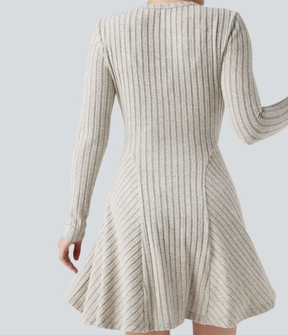 Ribbed Knit Round Neck Long Sleeve Flare Mini Casual Dress
