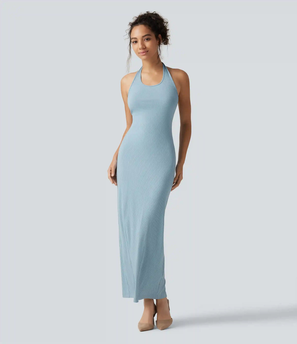 Ribbed Knit Halter Bodycon Midi Dress