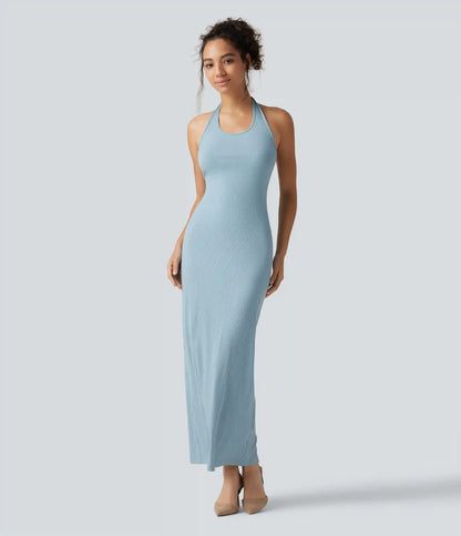Ribbed Knit Halter Bodycon Midi Dress