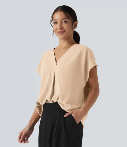 Wrinkle Recovery V-neck Short Sleeve Oversized Work Blouse
