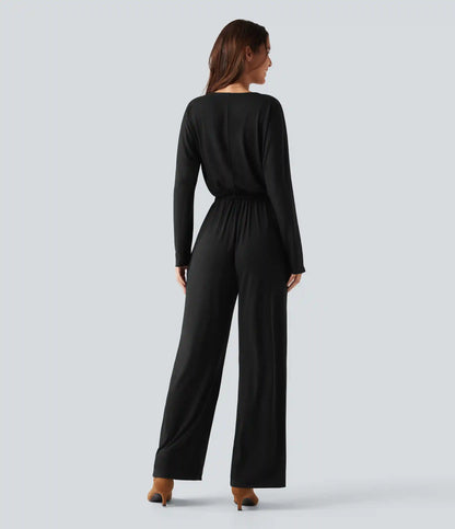 V Neck Long Sleeve Work Jumpsuit with Pockets