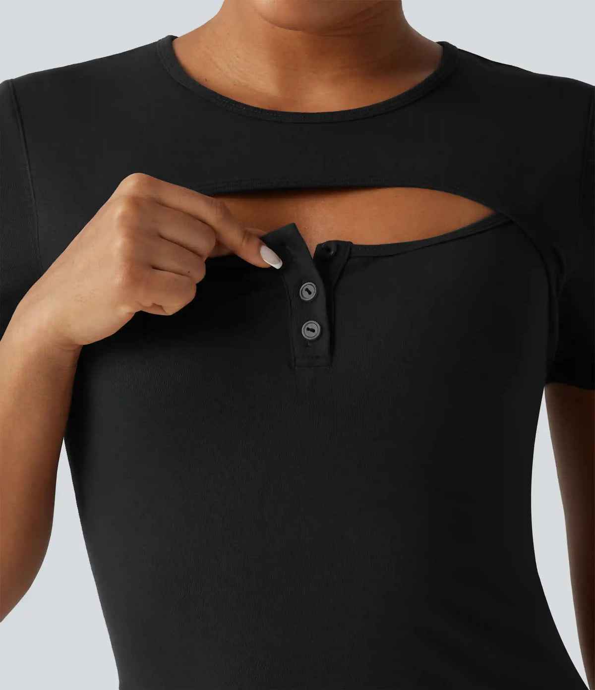 Ribbed Knit Round Neck Cut Out Short Sleeve Built-in Bra Casual T-Shirt