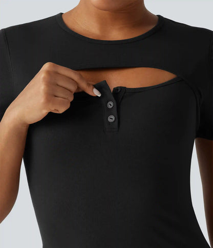 Ribbed Knit Round Neck Cut Out Short Sleeve Built-in Bra Casual T-Shirt