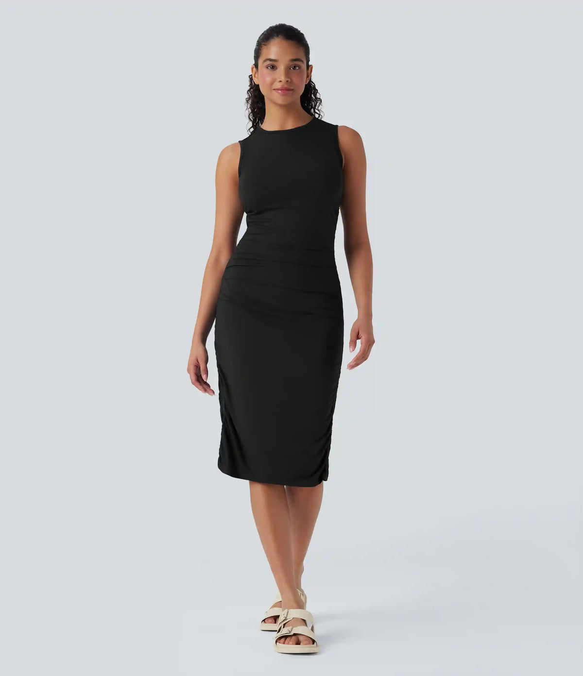 Round Neck Sleeveless Ruched Casual Bodycon Dress