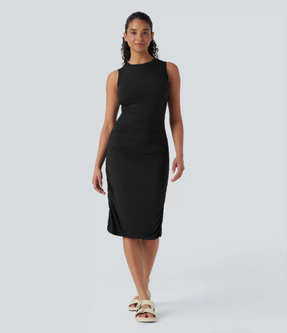 Round Neck Sleeveless Ruched Casual Bodycon Dress