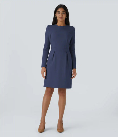 Round Neck Shoulder Pad Long Sleeve Hem Slim Mini Work Dress