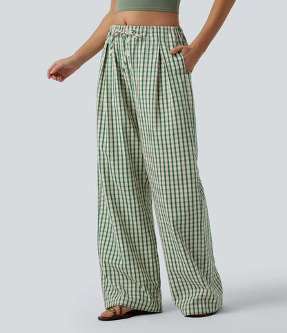 Mid Rise Drawsting Wide Leg Plaid Casual Pants with Pockets