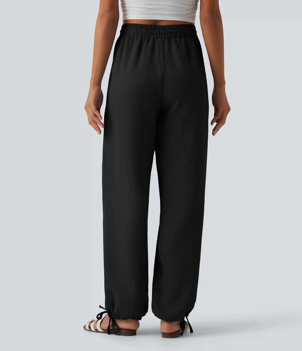 High Waisted Drawstring Wide Leg Casual Linen-Feel Joggers with Pockets