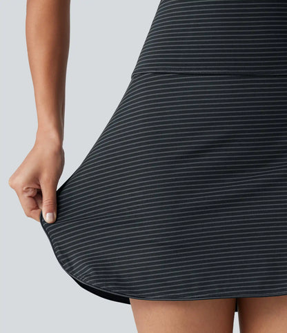 Ultra High-Waist Tummy Control Curved Hem 2-in-1 Stripes Golf Mini Skirt with Pockets