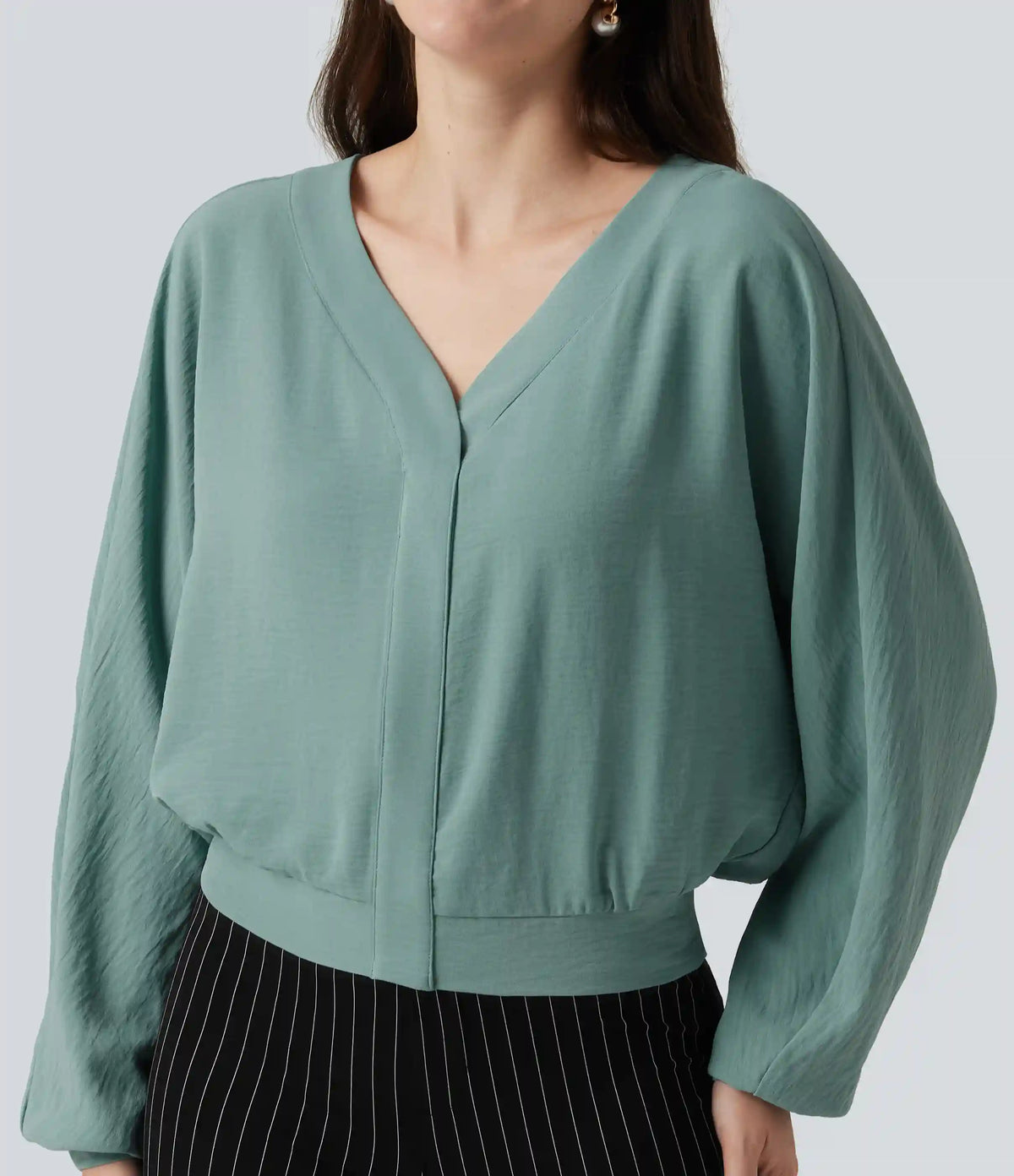 V Neck Batwing Long Sleeve Relaxed Work Blouse