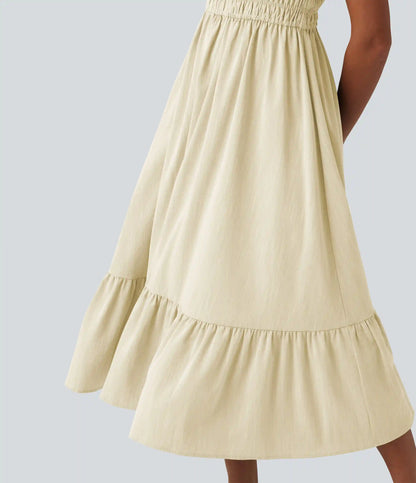 Tie Front Flowy Midi Casual Linen-Feel Slip Milkmaid Dress