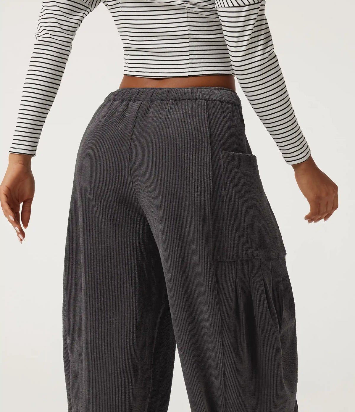 High Waisted Drawstring Corduroy Casual Pants with Pockets
