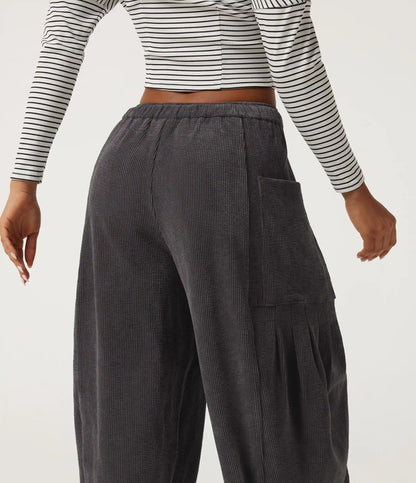 High Waisted Drawstring Corduroy Casual Pants with Pockets