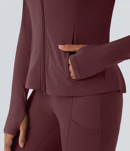 SoftlyZero™ Hooded Long Sleeve Thumb Hole Pleated Jacket with Pockets