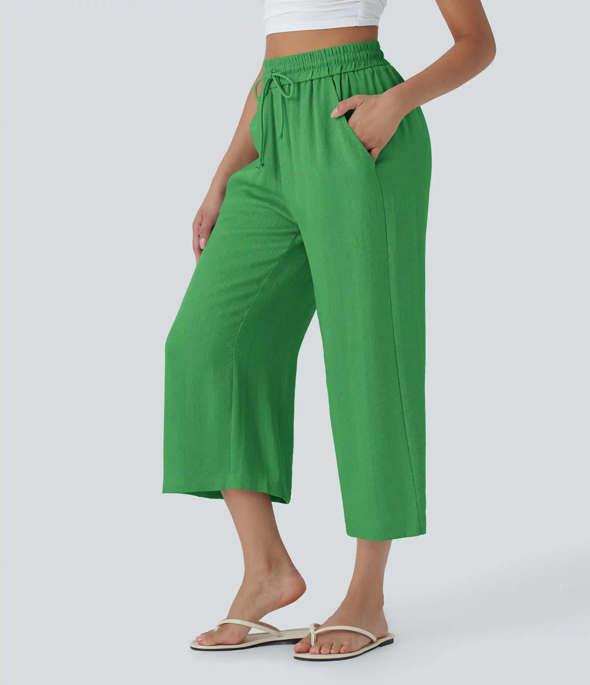 High Waisted Drawstring Wide Leg Cropped Casual Linen-Feel Pants with Pockets