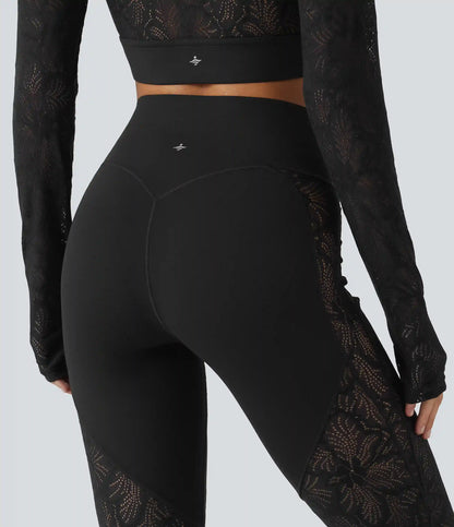 Halara UltraSculpt™ High Waisted Crossover Tummy Control Contrast Lace Yoga Flare Leggings with Pockets