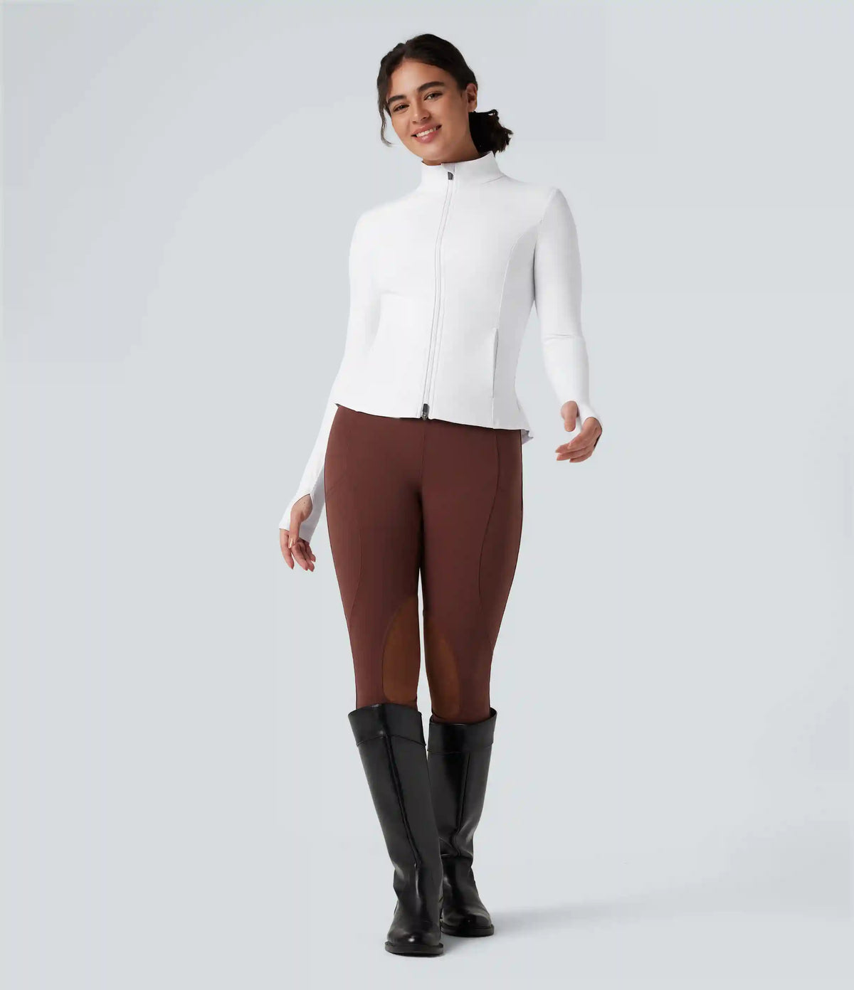 DayStretch Stand Collar Zipper Thumb Hole Ruffle Hem Slim Jacket with Pockets