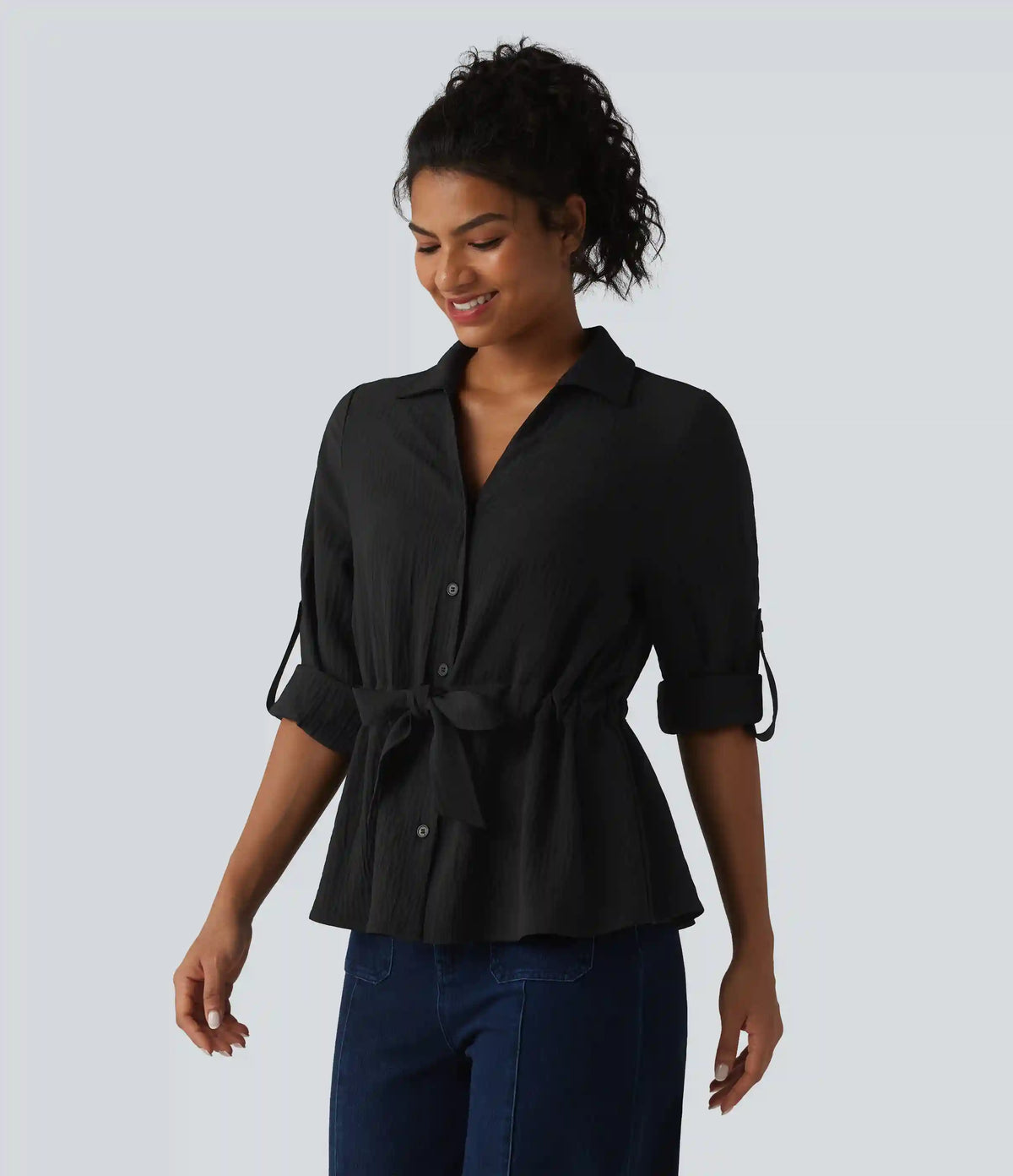 Lapel Roll Up Sleeve Tie Work Linen-Feel Shirt
