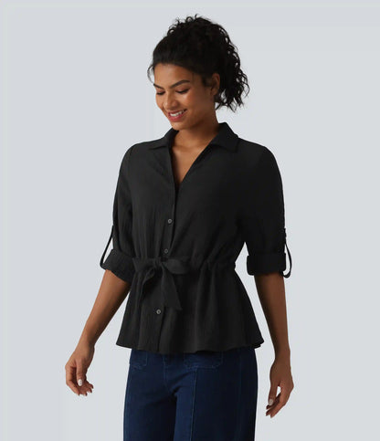 Lapel Roll Up Sleeve Tie Work Linen-Feel Shirt