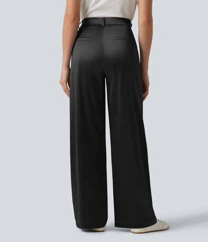 High Waisted Straight Leg Satin Work Pants with Pockets