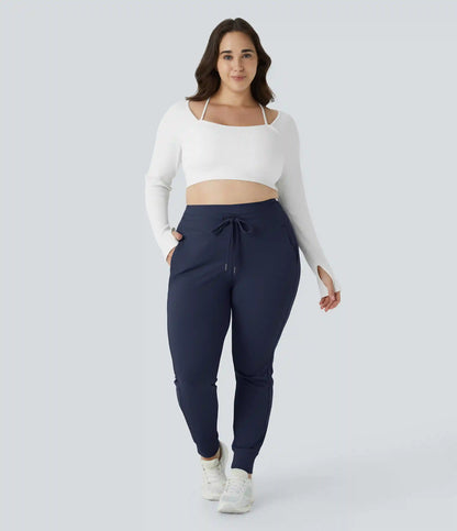 SoftlyZero™ Plush High Waisted Drawstring Pocket Plain Full Length Plus Size Joggers
