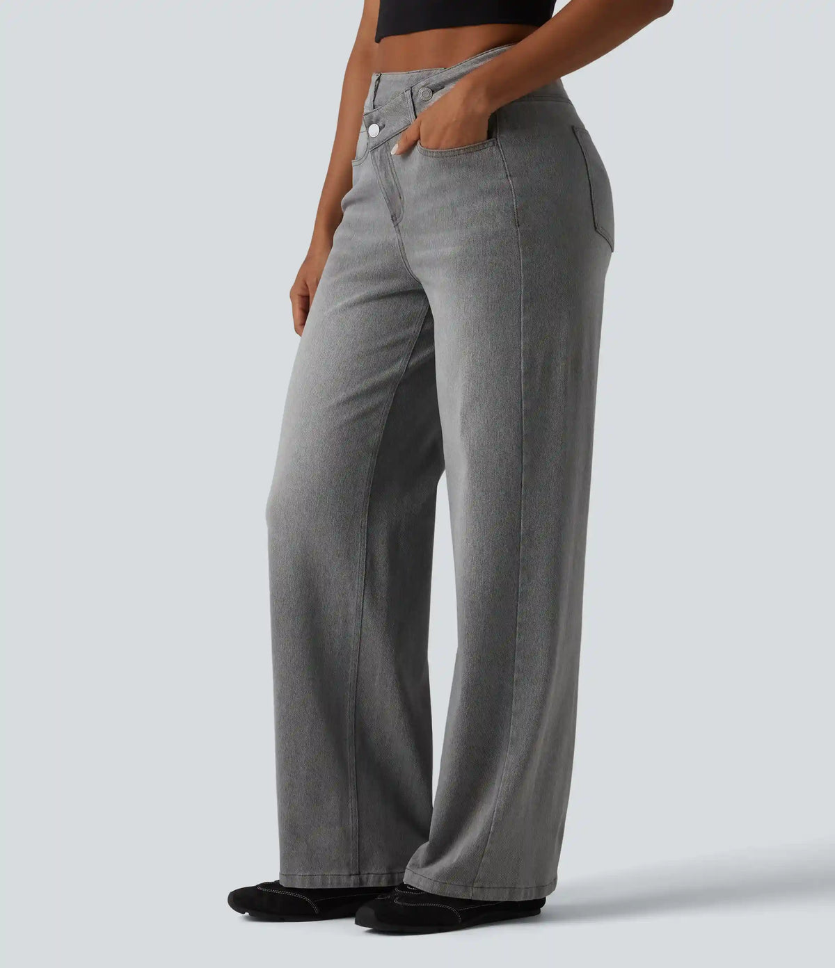 Halara Flex™ Asymmetric High Waisted Washed Casual Baggy Jeans with Pockets