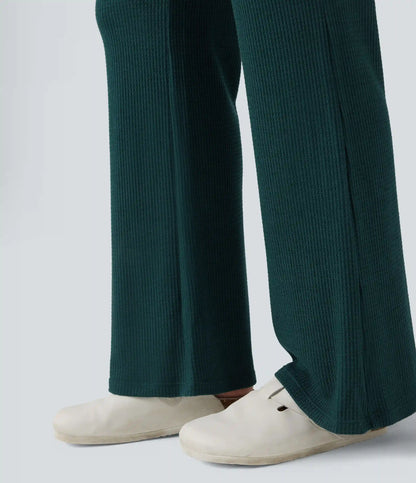 High Waisted Flare Waffle Casual Pants with Pockets