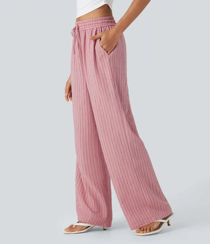 High Waisted Drawstring Wide Leg Baggy Stripe Casual Linen-Feel Pants with Pockets