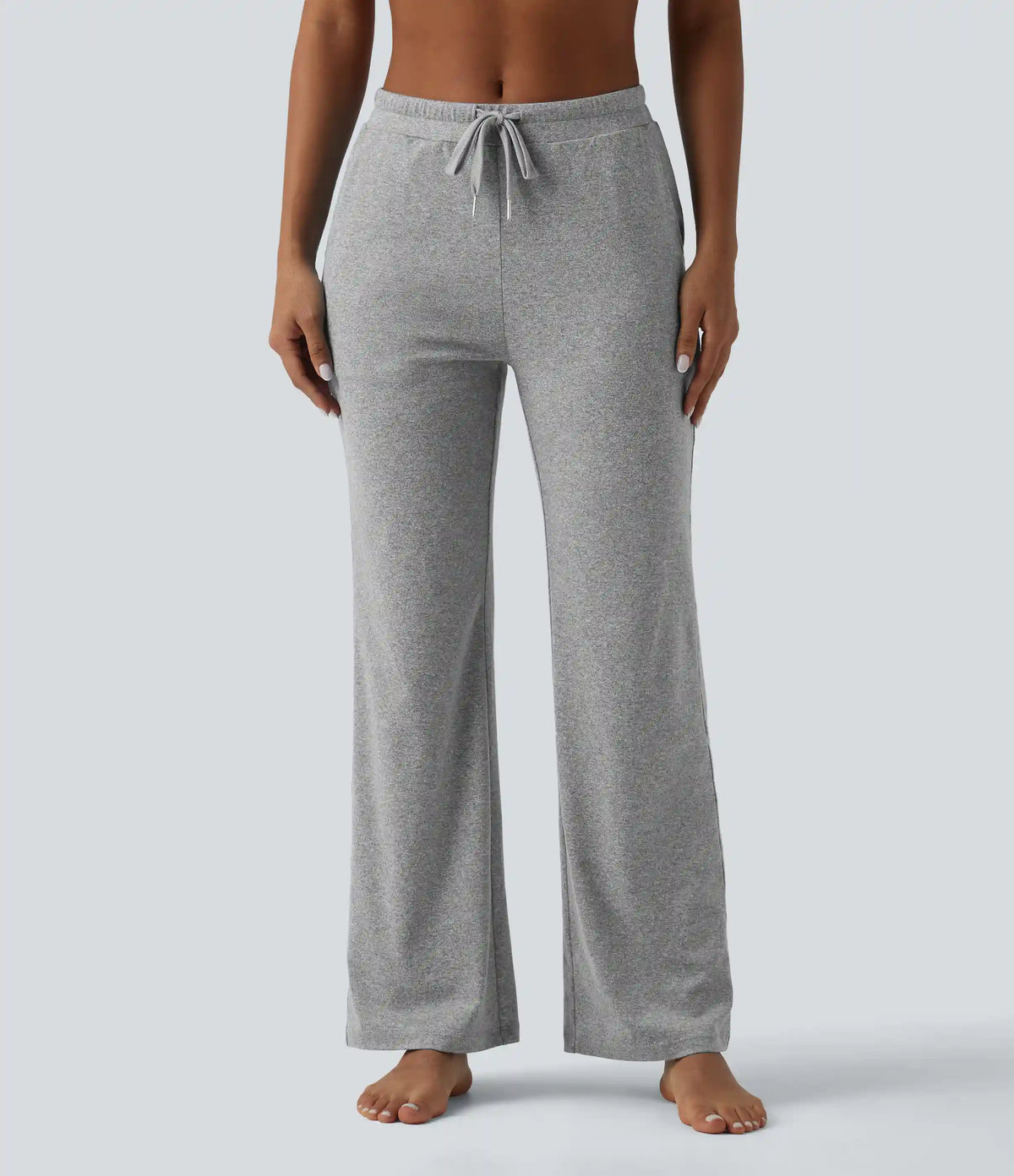 Mid Rise Drawstring Scrunch Heathered Yoga Bootcut Pants with Pockets