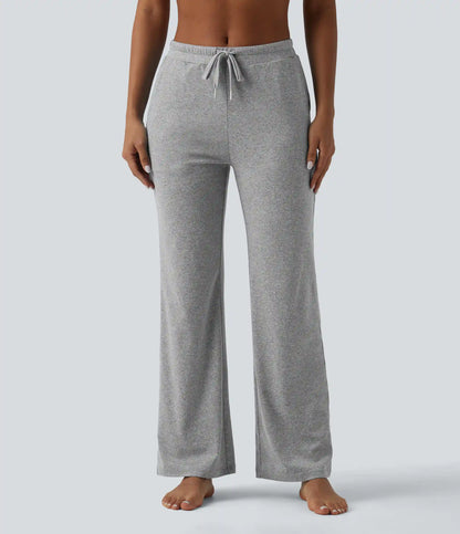 Mid Rise Drawstring Scrunch Heathered Yoga Bootcut Pants with Pockets