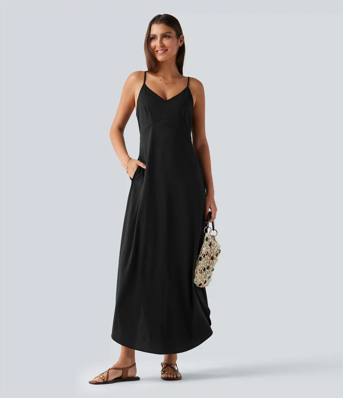 V Neck Split Hem Maxi Casual Slip Dress with Pockets