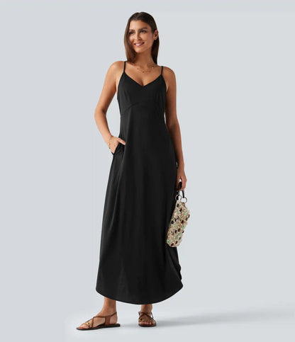 V Neck Split Hem Maxi Casual Slip Dress with Pockets
