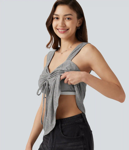 Ruched Drawstring Built-in Bra Eyelet Casual Tank Top