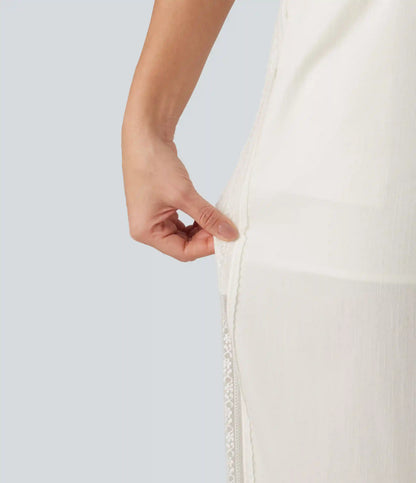Mid Rise Drawstring Contrast Lace 2-in-1 Casual Linen-Feel Baggy Pants with Pockets