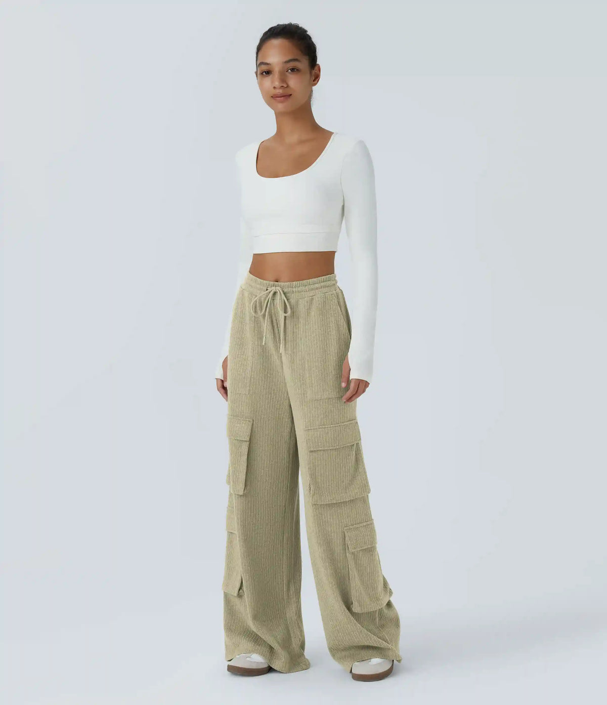 Ribbed Mid Rise Drawstring Pockets Wide Leg Cargo Casual Pants