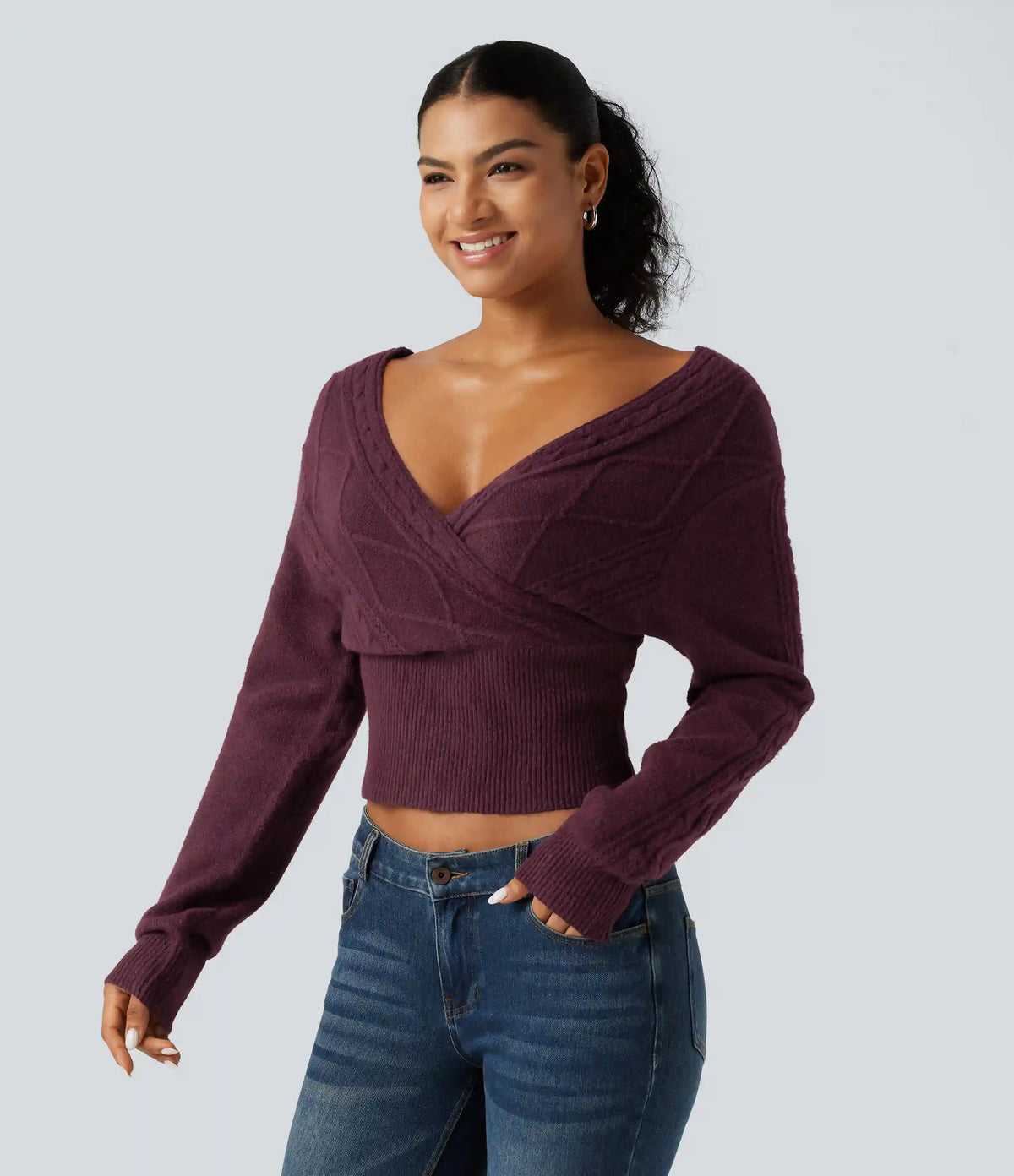 V Neck Long Sleeve V Back Casual Sweater