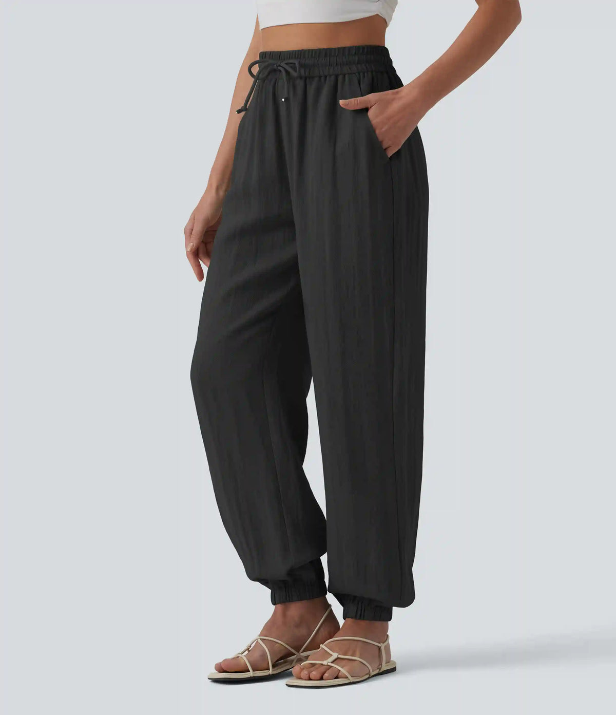 High Waisted Drawstring Wide Leg Casual Linen-Feel Joggers with Pockets