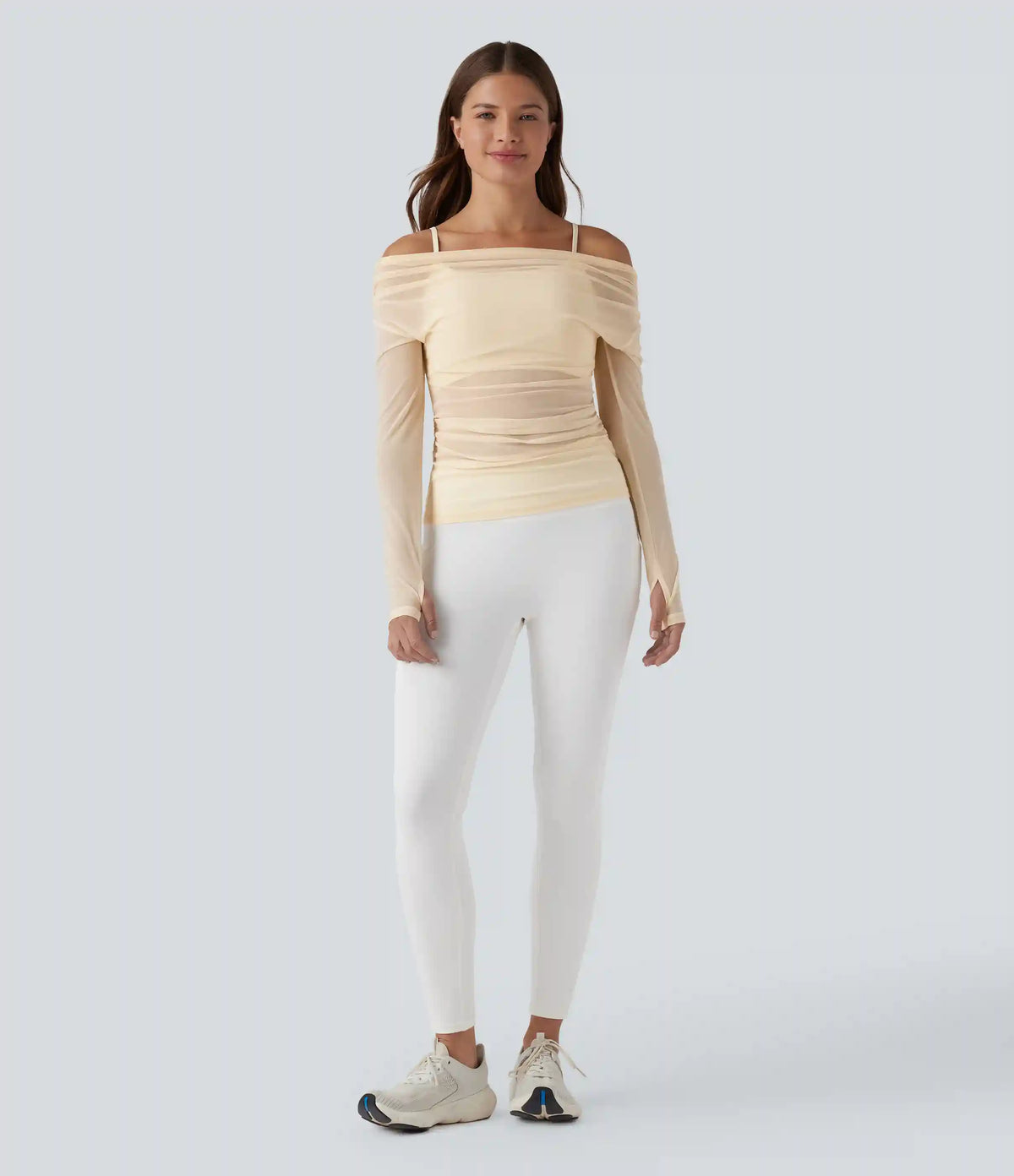 One-shoulder Long Sleeve Thumb Holes Ruched Mesh 2-in-1 Yoga Sports Top