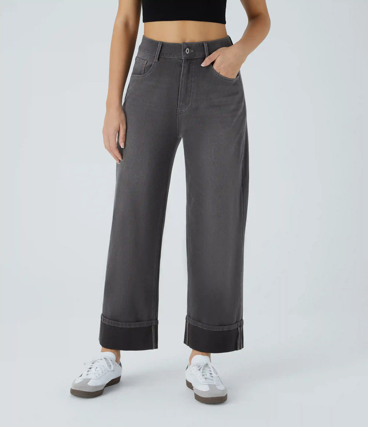Halara Flex™ High Waisted Pockets Rolled Hem Wide Leg Washed Casual Jeans