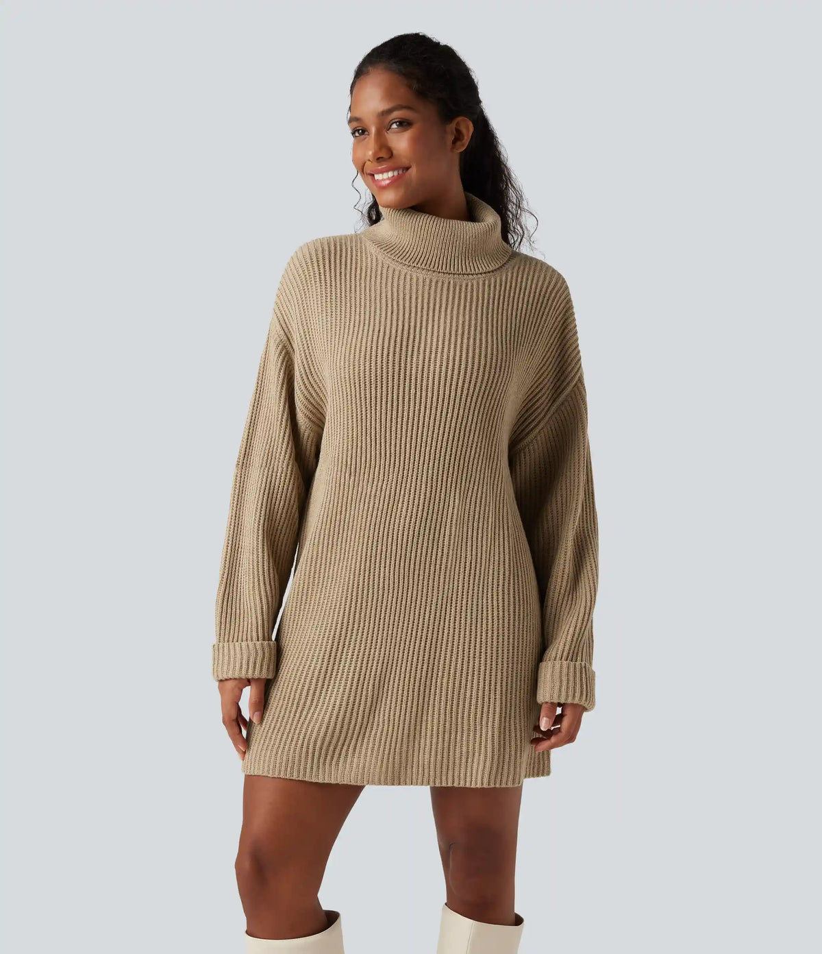 High Neck Long Sleeve Mini Work Sweater Dress