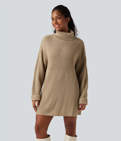 High Neck Long Sleeve Mini Work Sweater Dress