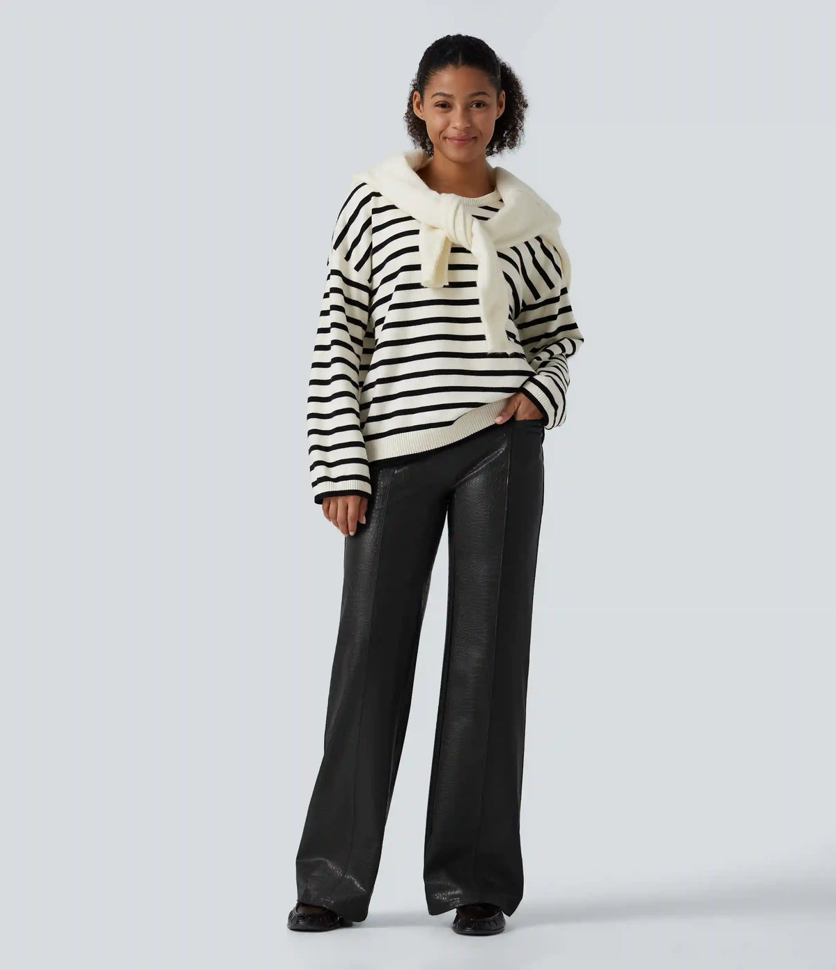 High Waisted Tummy Control Snakeskin Print Stretchy PU Fleece Flare Casual Pants with Pockets