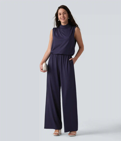 Stand Collar Sleeveless Straight Leg Bridesmaid And Wedding Guest Jumpsuit with Pockets-Easy Peezy
