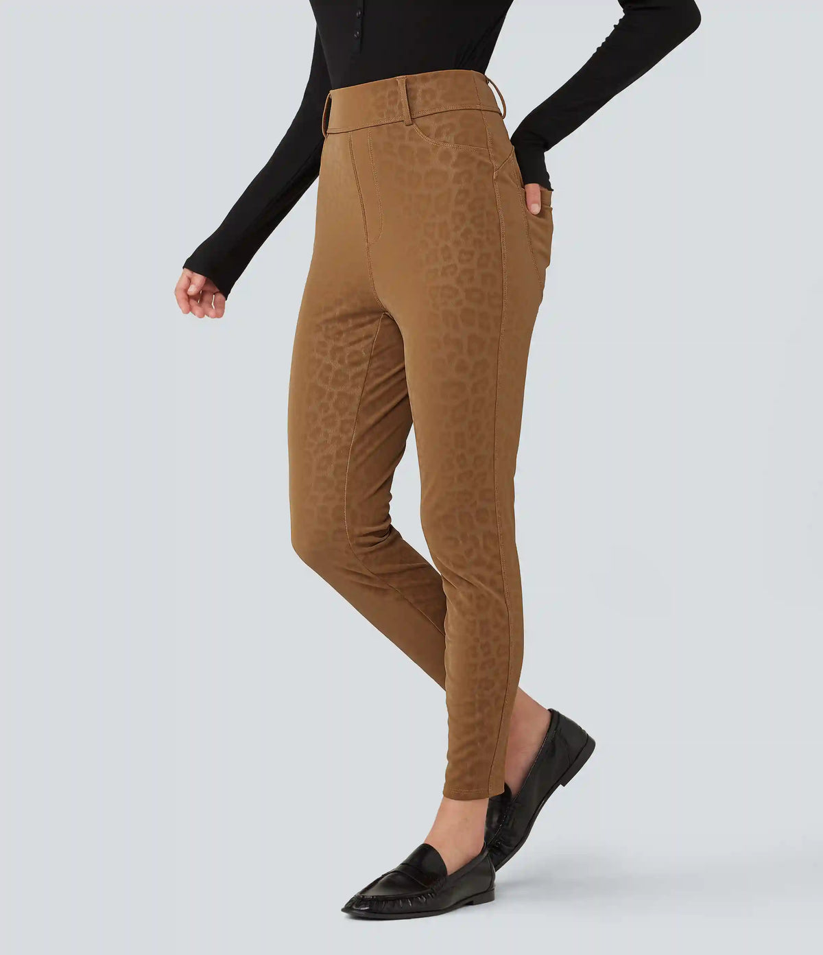 High Waisted Stretchy PU Leopard Print Fleece Casual Leggings with Pockets