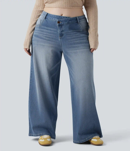 Plus Size Halara Flex™ Asymmetric Low Rise Wide Leg Washed Casual Jeans with Pockets