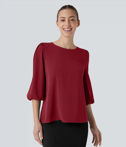 Boat Neck Keyhole Back Bishop Sleeve Work Linen-Feel Blouse