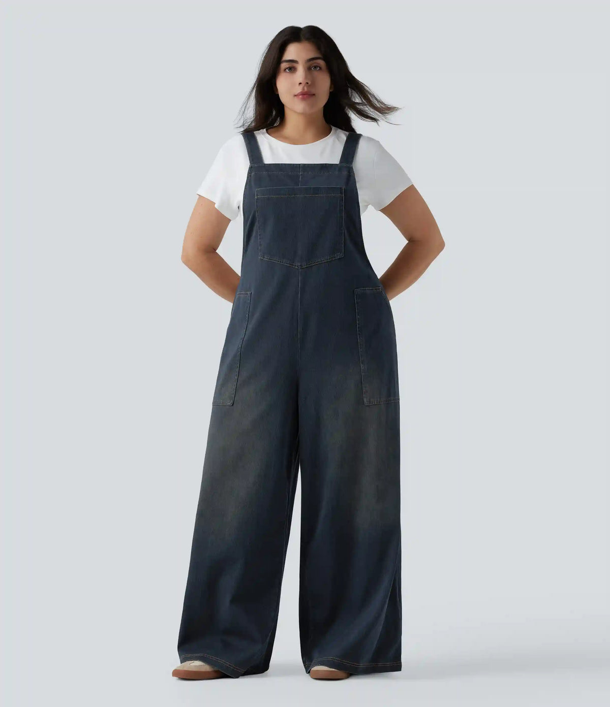 Plus Size Halara Flex™ Square Neck Washed Denim Casual Overalls with Pockets