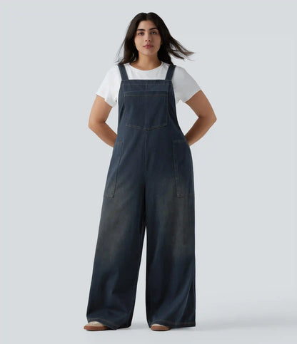 Plus Size Halara Flex™ Square Neck Washed Denim Casual Overalls with Pockets
