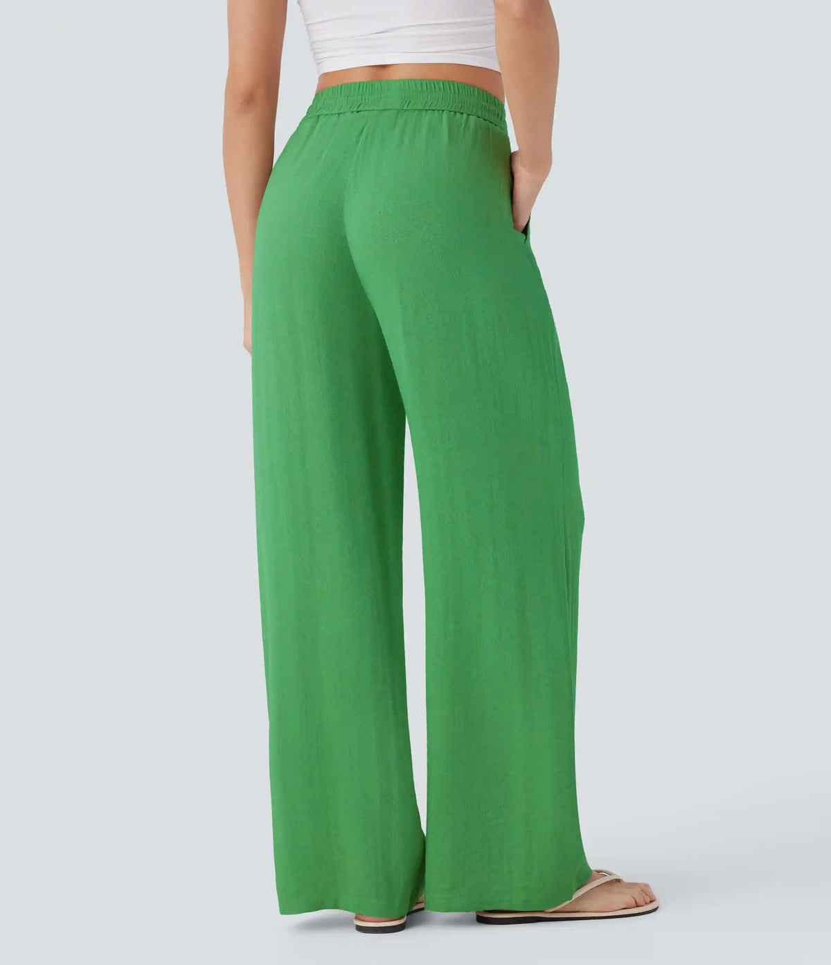 High Waisted Drawstring Pocket Wide Leg Baggy Casual Linen-Feel Pants