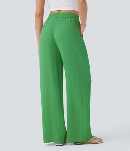 High Waisted Drawstring Pocket Wide Leg Baggy Casual Linen-Feel Pants